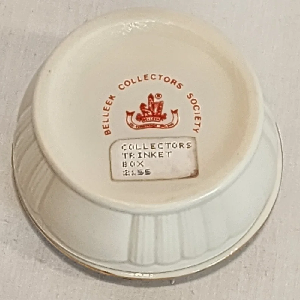 Belleek Collectors Society Parian China Trinket Box Gold Trim Irish Harp Crest